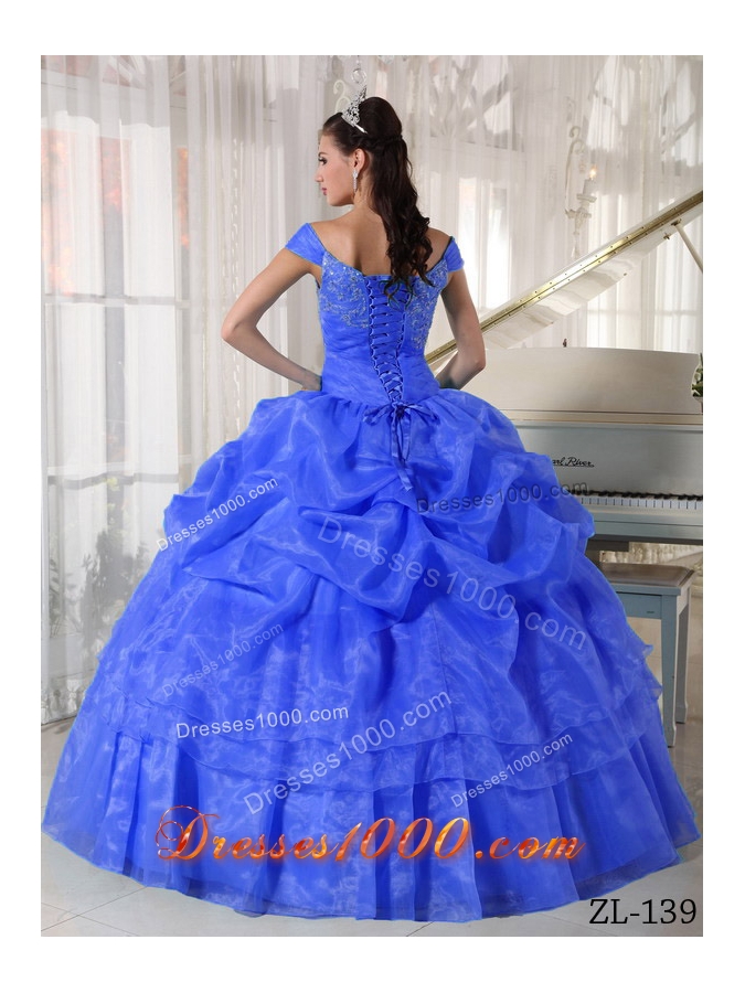 2014 Blue Puffy Off The Shoulder with Beading Quinceanera Dresses