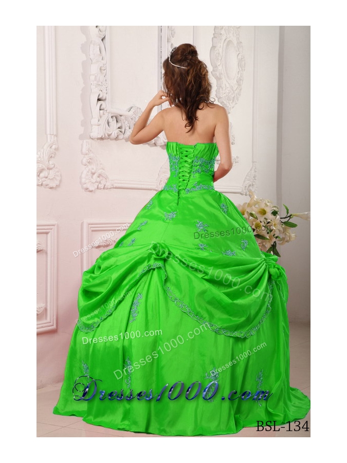 2014 Princess Strapless Beading and Appliques Spring Green Quinceanera Dresses