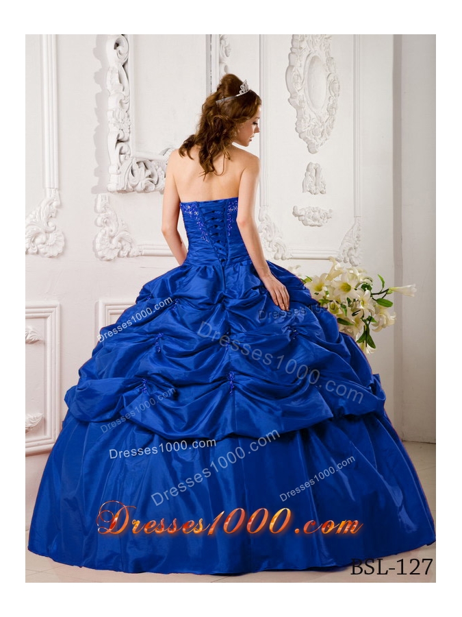 Blue Puffy Sweetheart for 2014 Appliques Quinceanera Dress with Pick-ups