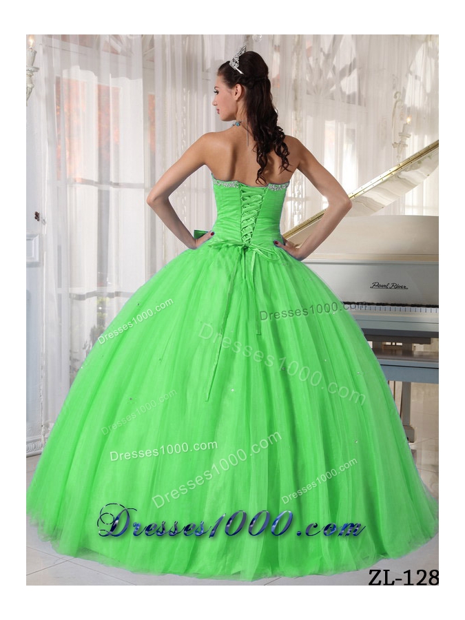 Green Puffy Sweetheart Quinceanera Dresses with Beading and Bowknot