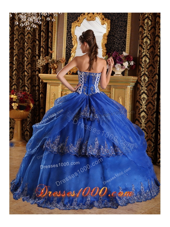 2014 Pretty Blue Puffy Sweetheart with Lace Appliques for 2014 Quinceanera Dress