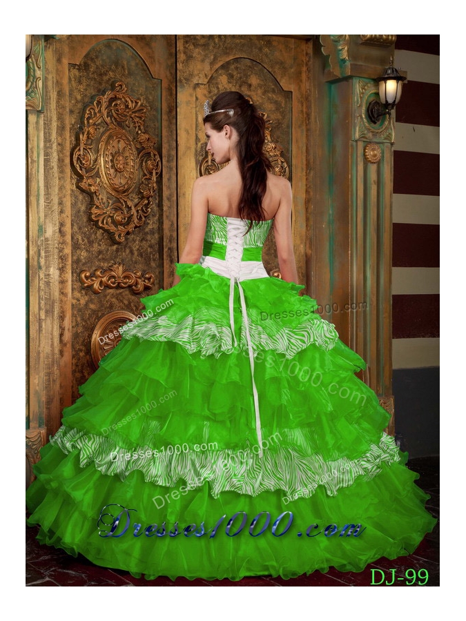2014 Pretty Strapless Organza and Zebra Spring Green Quinceanera Dress with Ruffles