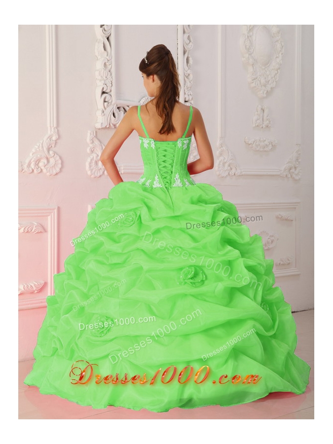 2014 Spring Green Puffy Straps Appliques Quinceanera Dresses