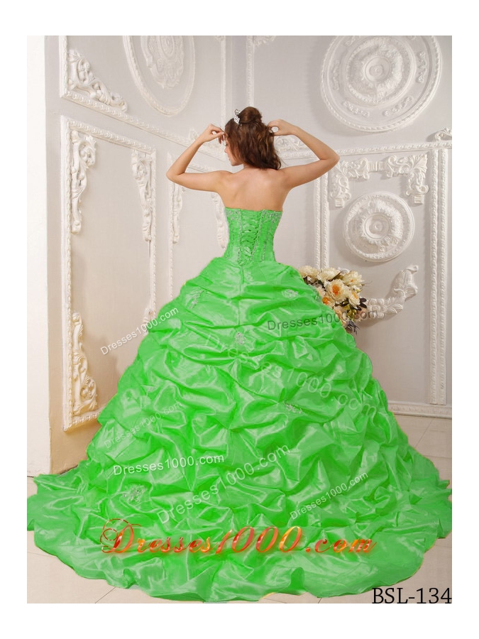 Appliques and Beading Strapless Spring Green Quinceanera Gowns with Court Train