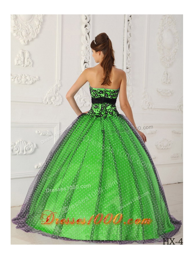 Beading and Appliques Strapless Taffeta and Tulle Puffy Quinceanera Dresses