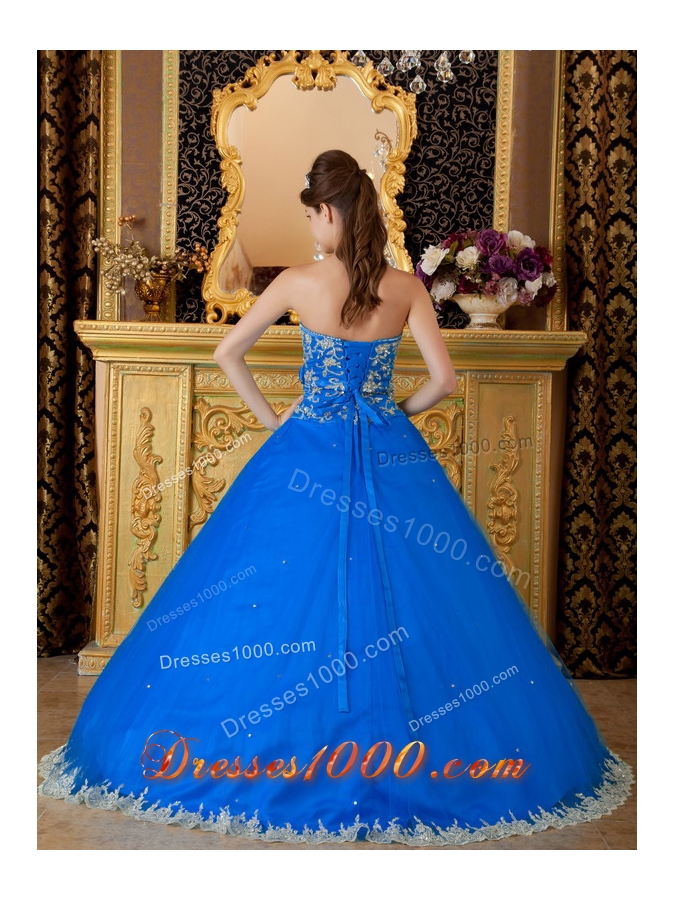 Blue Puffy Strapless Lace Appliques Quinceanera Dress for 2014