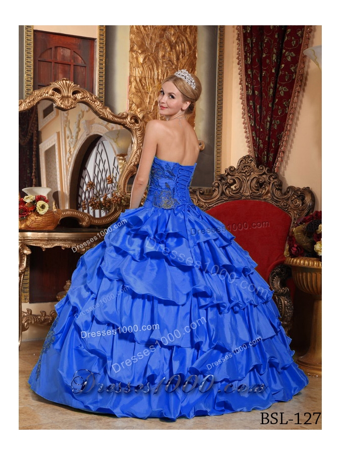 Brand New Blue Puffy Strapless with Appliques Quinceanera Dress for 2014