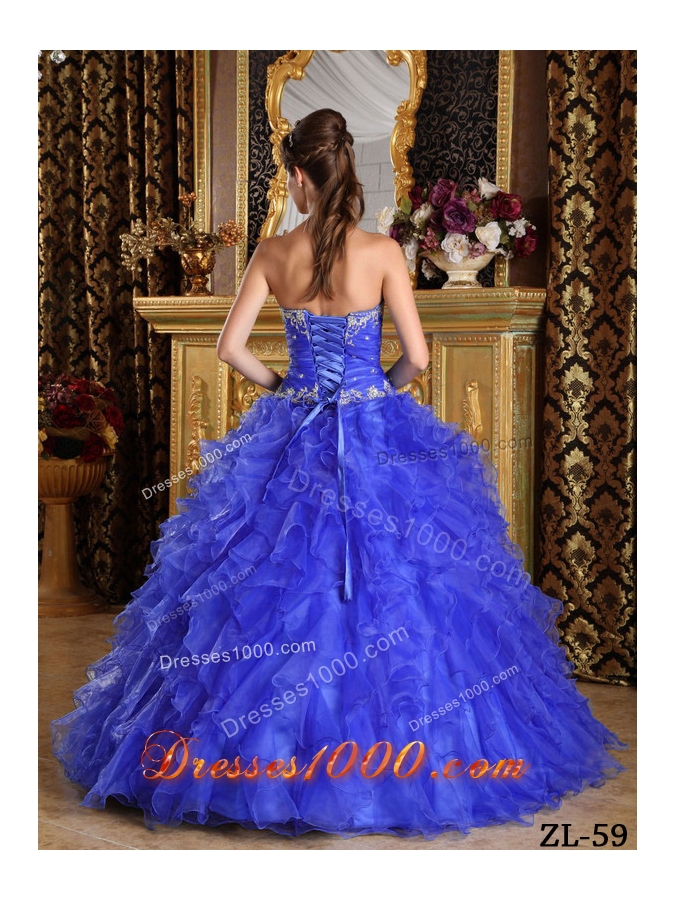 Classical Blue Puffy Sweetheart with Ruffles Decorate for 2014 Quinceanera Dress