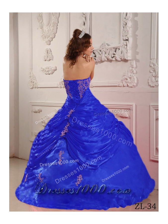 Exclusive Blue Puffy Strapless Appliques Decorate for 2014 Quinceanera Dress