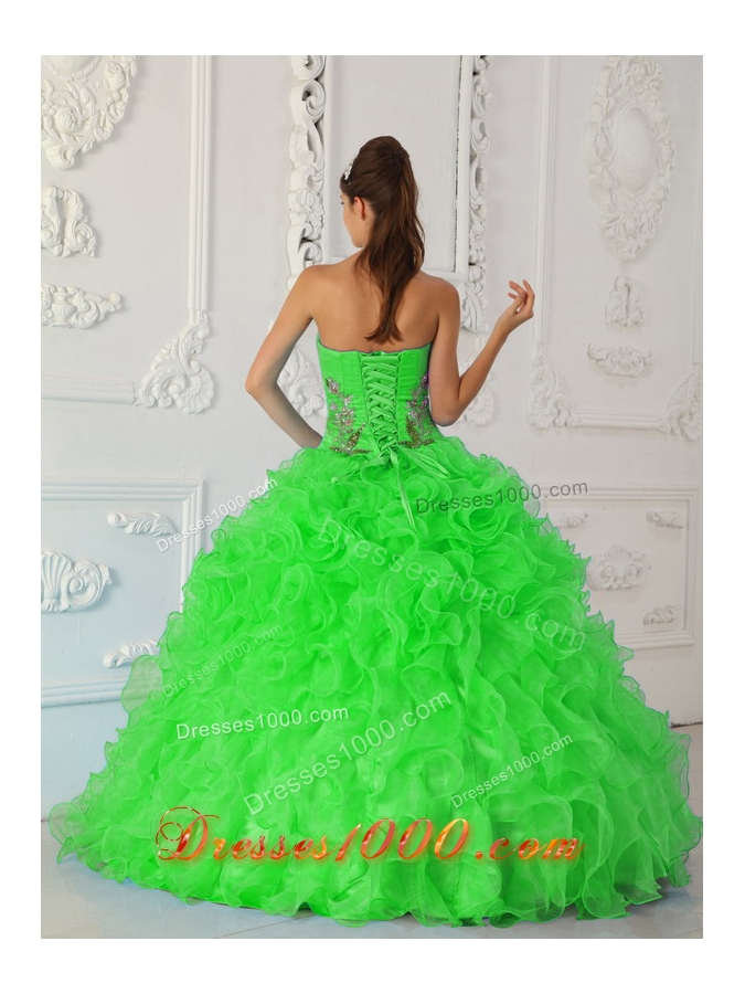 Exquisite Puffy Strapless Embroidery Green Quinceanera Dresses