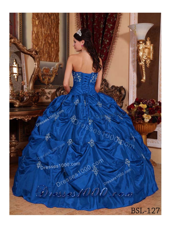 New Style Blue Puffy Strapless with Embroidery Quinceanera Dress for 2014