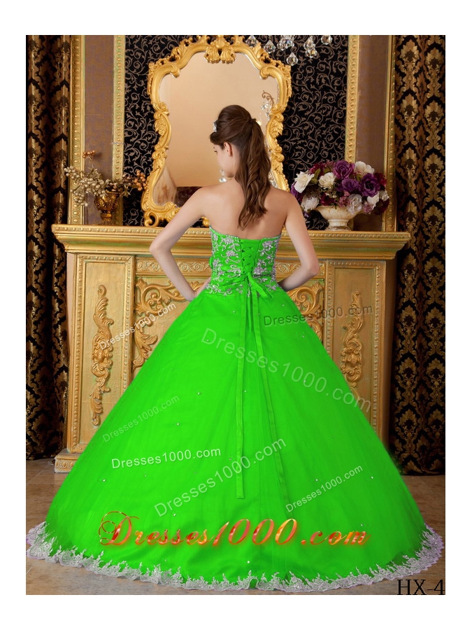 Princess Strapless Lace Appliques Quinceanera Dresses in Spring Green