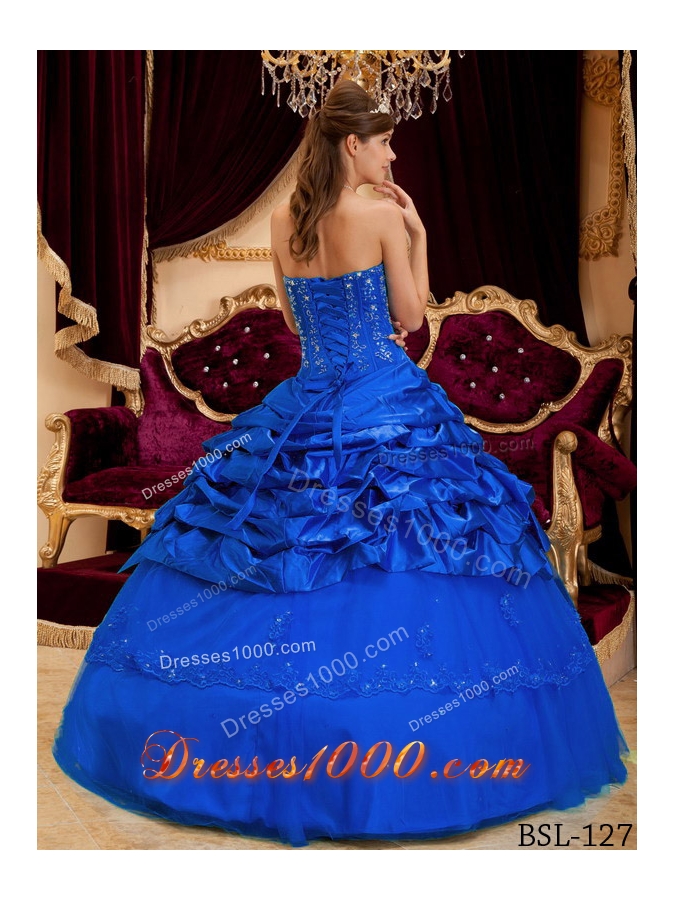 Puffy Strapless 2014 Lace Appliques Quinceanera Dresses