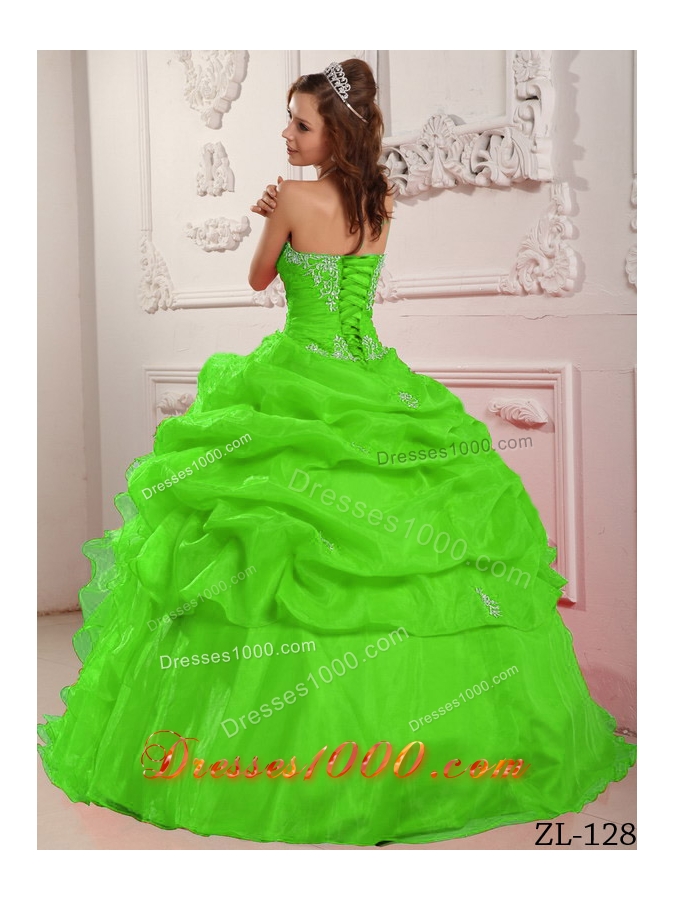 Spring Green Ball Gown Organza Beading And Ruffles Quinceanera Dresses with Strapless