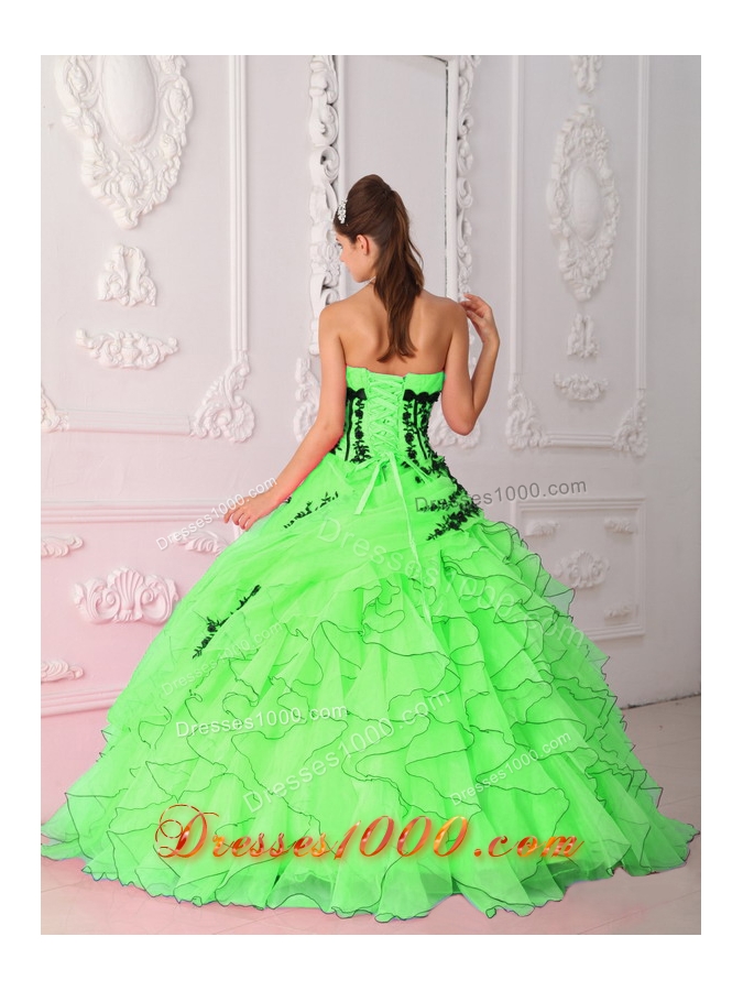 Sweet Puffy Spring Green Strapless Appliques and Ruffles Quinceanera Dresses