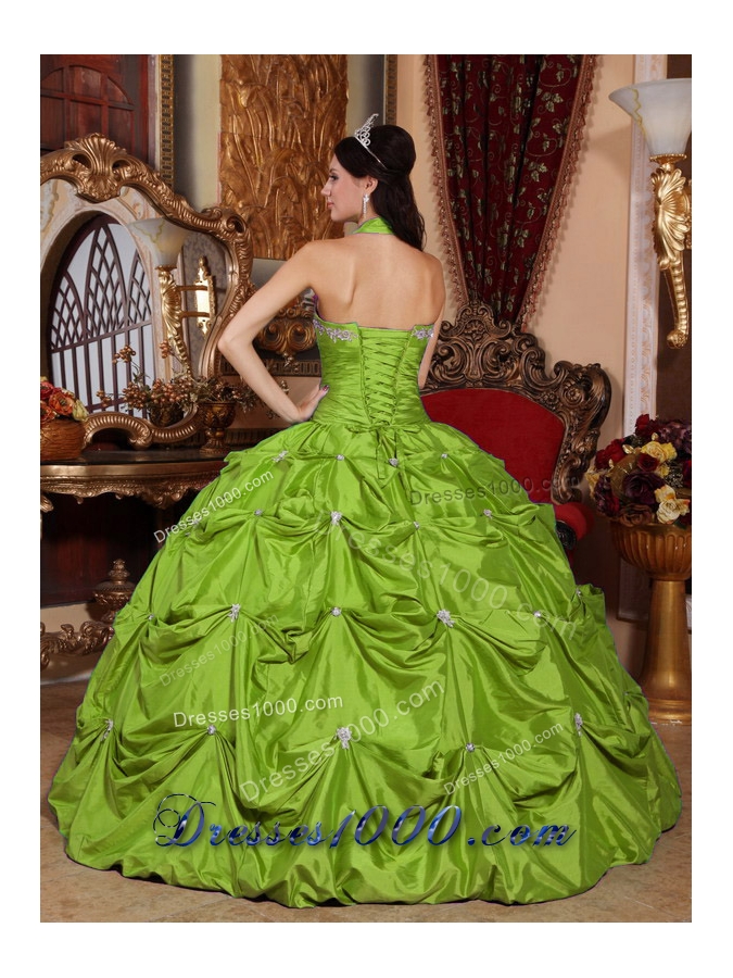 2014 Elegant Halter Top Appliques Long Quinceanera Dresses