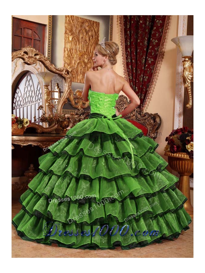 2014 Puffy Strapless Appliques Quinceanera Gown with Ruffled Layers