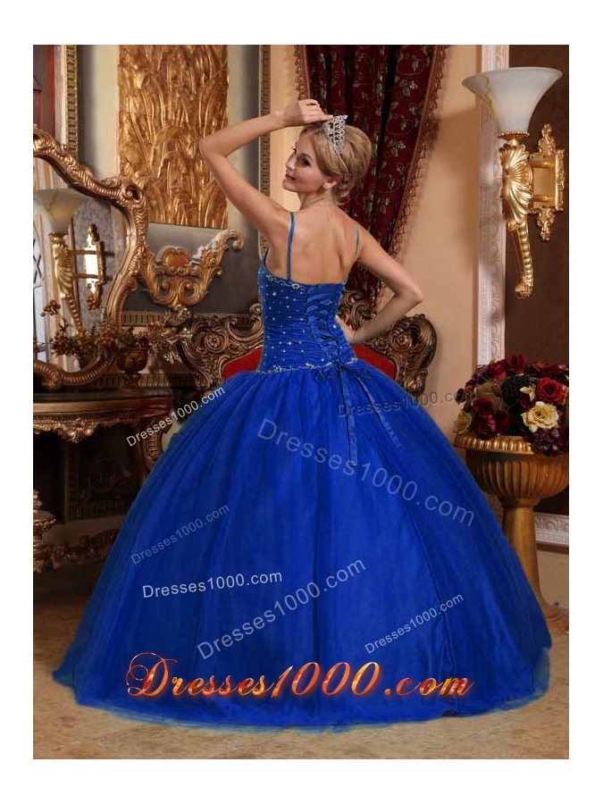 2014 Royal Blue Puffy Spaghetti Straps Beading Quinceanera Dress