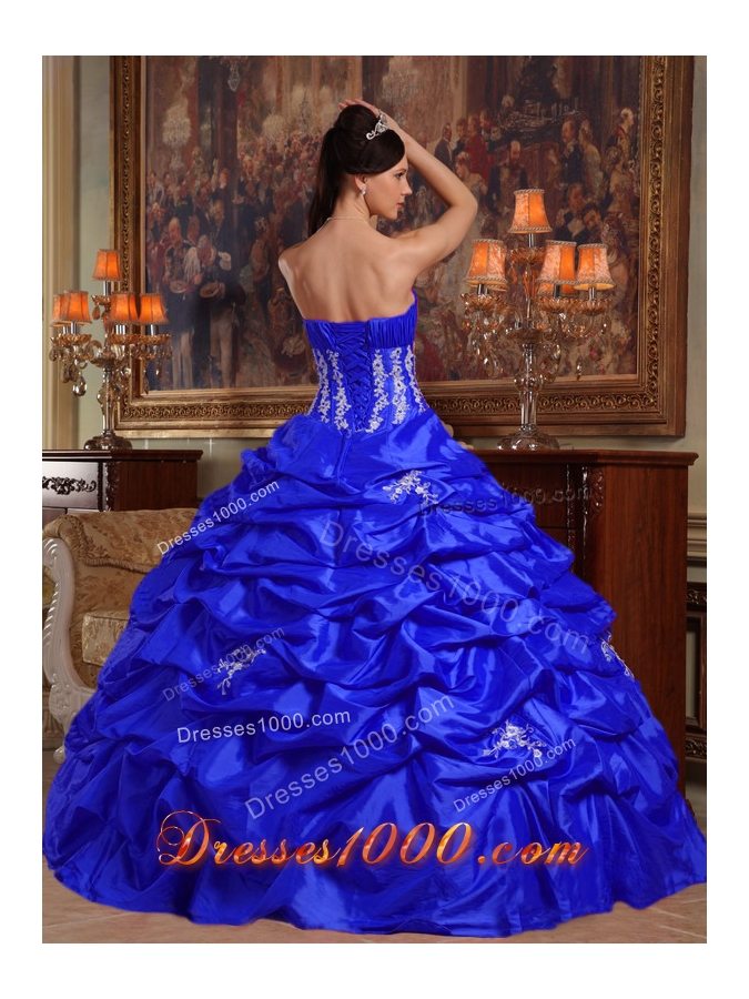 2014 Royal Blue Puffy Strapless Appliques Quinceanera Dress