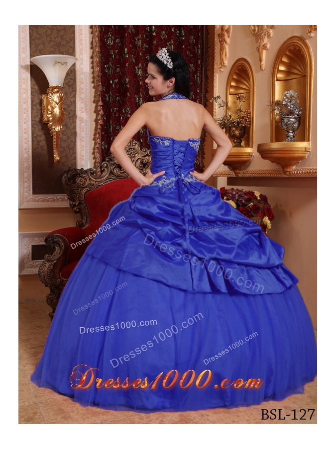 2014 Spring Puffy Halter Appliques Quinceanera Dress with Pick-ups