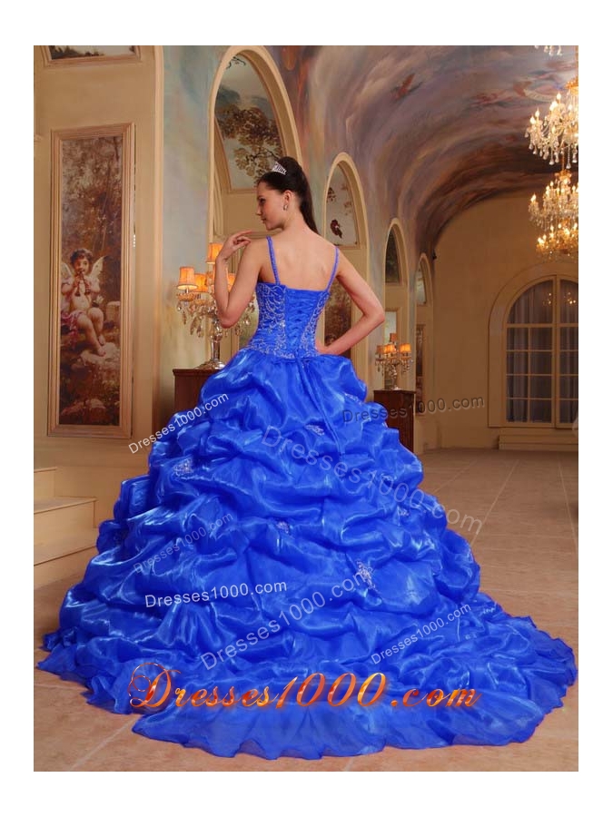 Blue Puffy Spaghetti Straps Embroidery 2014 Quinceanera Dress