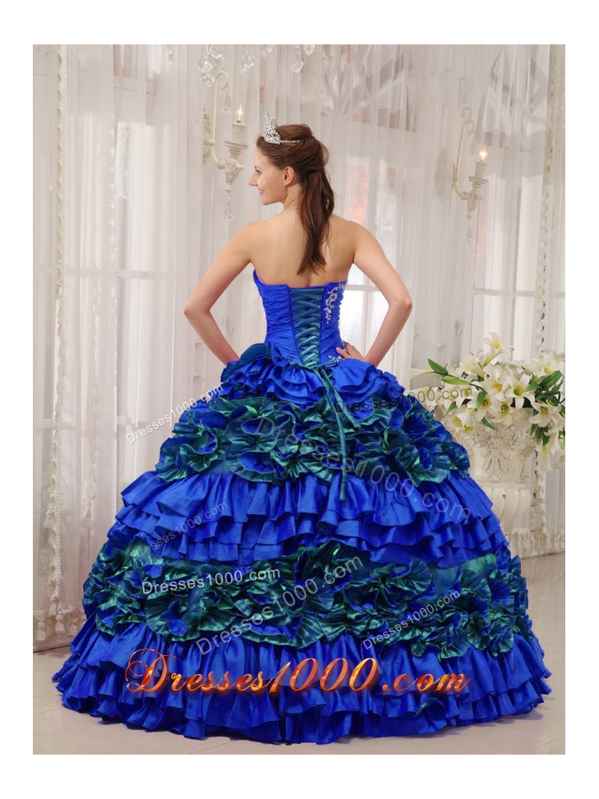 Blue Puffy Strapless Appliques and Ruching 2014 Quinceanera Dress