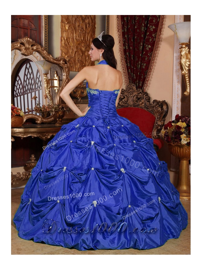 Puffy Halter Top Appliques 2014 Quinceanera Dresses with Pick-ups