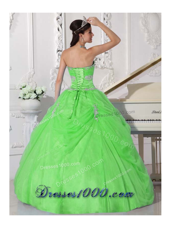Puffy Strapless Appliques Quinceanera Gowns in Spring Green