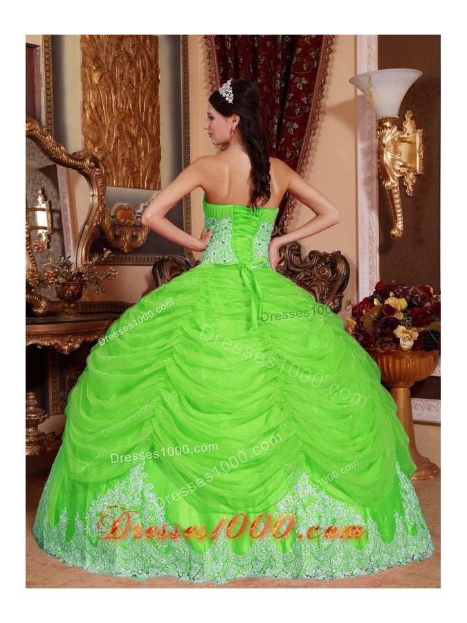 Puffy Strapless Long Beading Quinceanera Gown with Spring Green