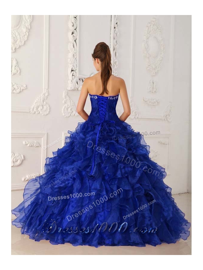 Royal Blue Puffy Strapless Ruffles and Embroidery Quinceanera Dresses for 2014