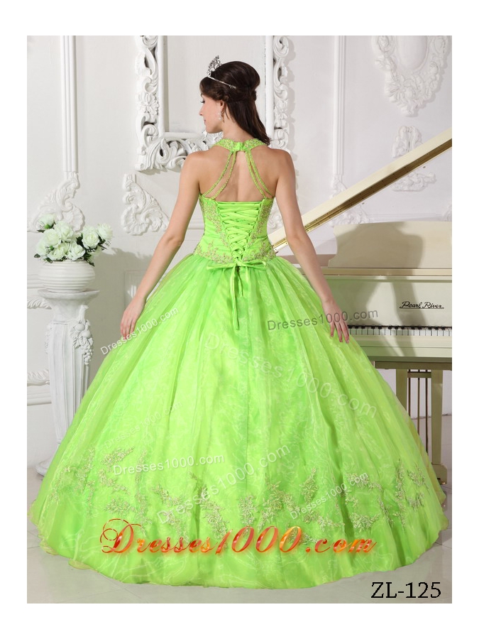 Spring Green Halter Organza 2014 Quinceanera Dresses with Appliques