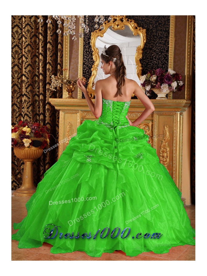 Spring Green Puffy Sweetheart Quinceanera Gown Appliques with Beading