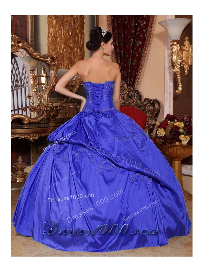 2014 Blue Puffy Strapless Appliques and Pick-ups Quinceanera Dress
