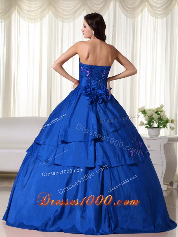 2014 Blue Puffy Strapless Hand Made Flowers Quinceanera Dress