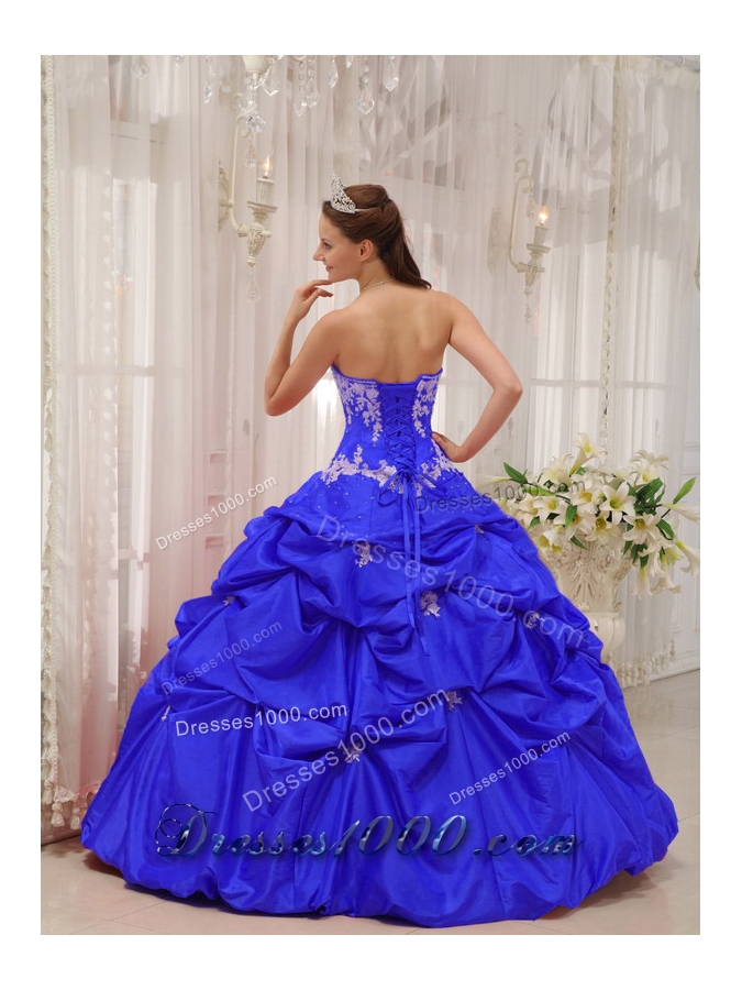 2014 Blue Puffy Sweetheart Appliques Quinceanera Dresses with Pick-ups