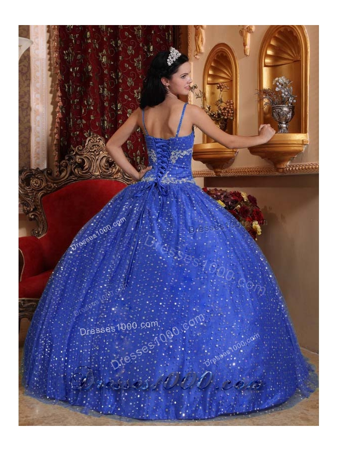 2014 Puffy Spaghetti Straps with Sequined Quinceanera Dresses