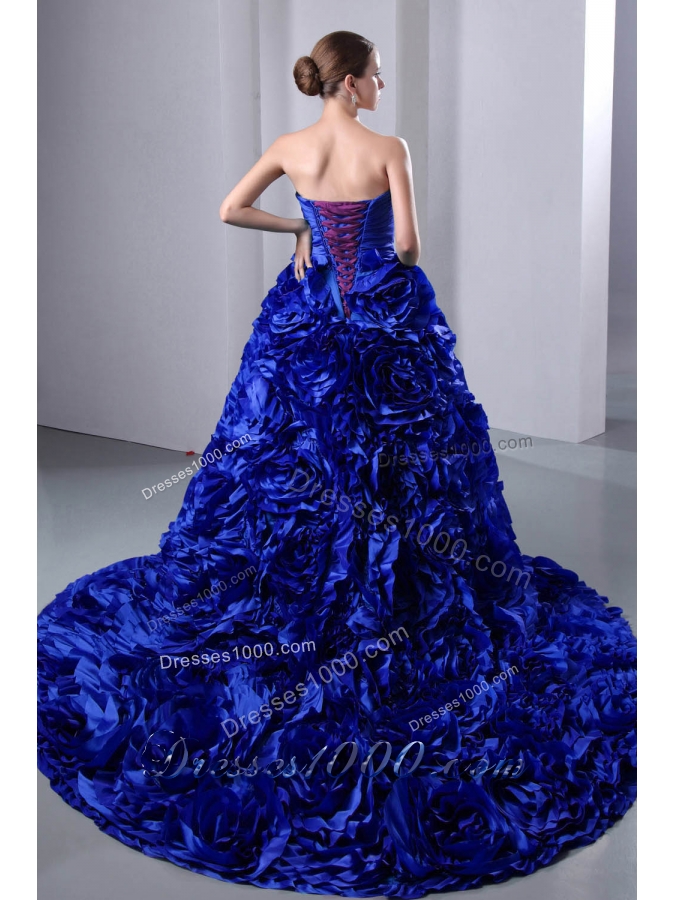 2014 Royal Blue Princess Ruching and Hand Made Flowers Quinceanea Dress