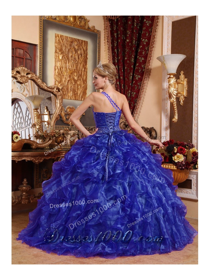 Affordable Blue Puffy One Shoulder 2014 Beading Quinceanera Dresses
