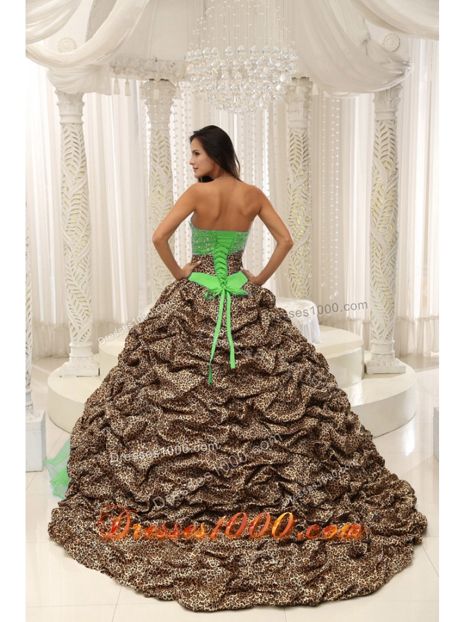 Leopard and Organza Sweetheart Quinceanera Gown With Beading Decorate