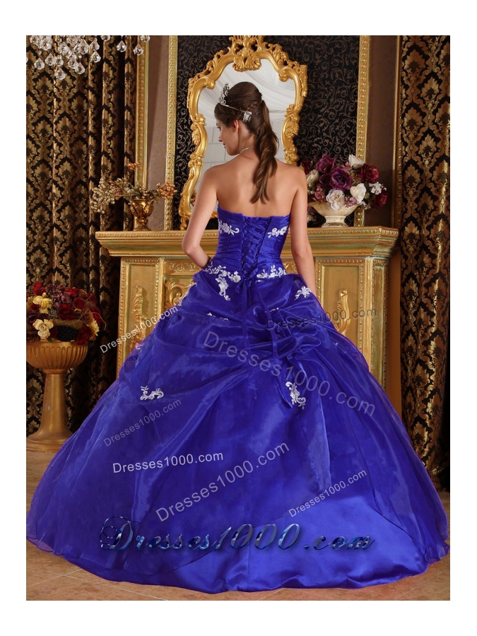 Modest Royal Blue Puffy Strapless with Appliques Quinceanera Dress for 2014