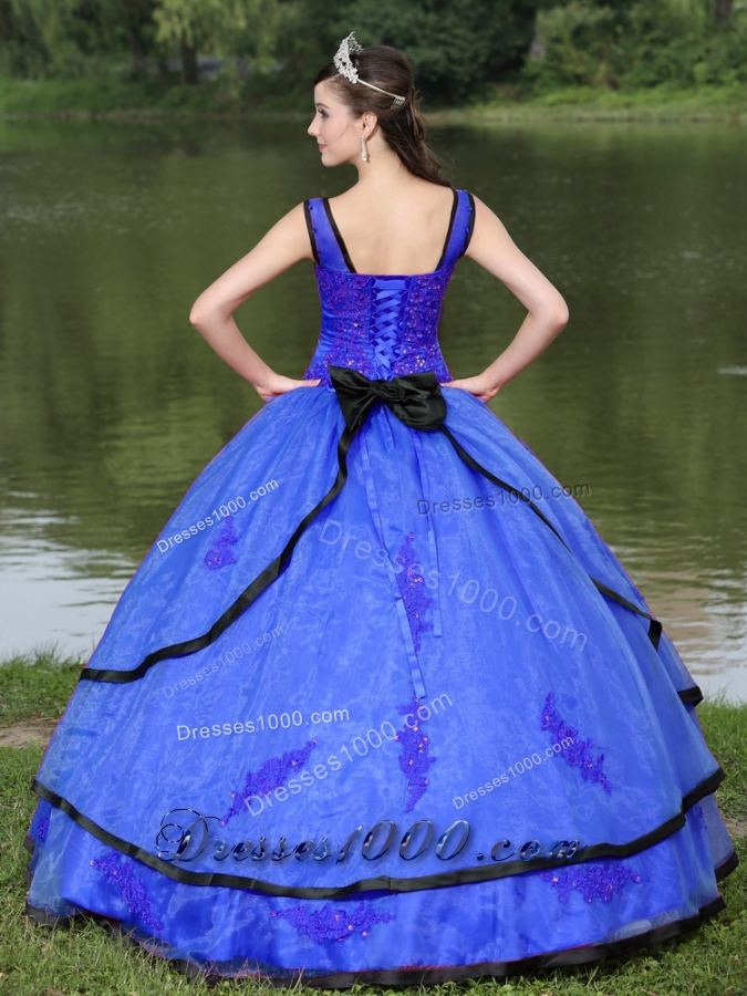 Most Popular V-neck Appliques Blue Quinceanera Dress With Long Sleeves