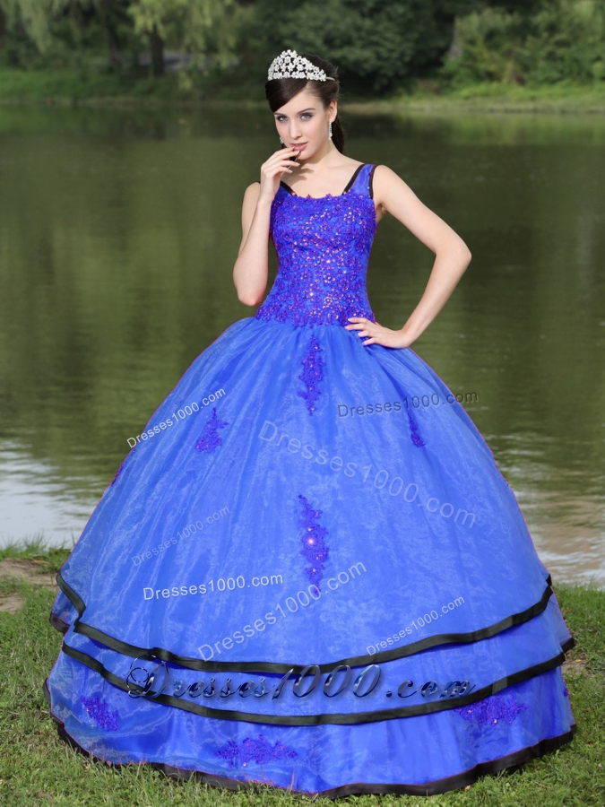 Most Popular V-neck Appliques Blue Quinceanera Dress With Long Sleeves