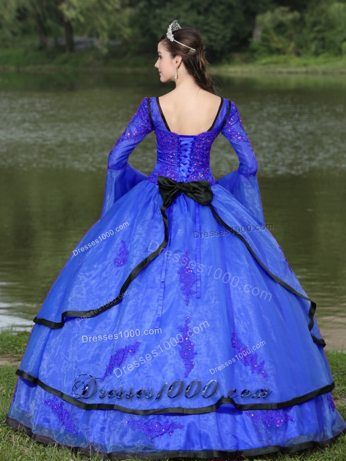 Most Popular V-neck Appliques Blue Quinceanera Dress With Long Sleeves