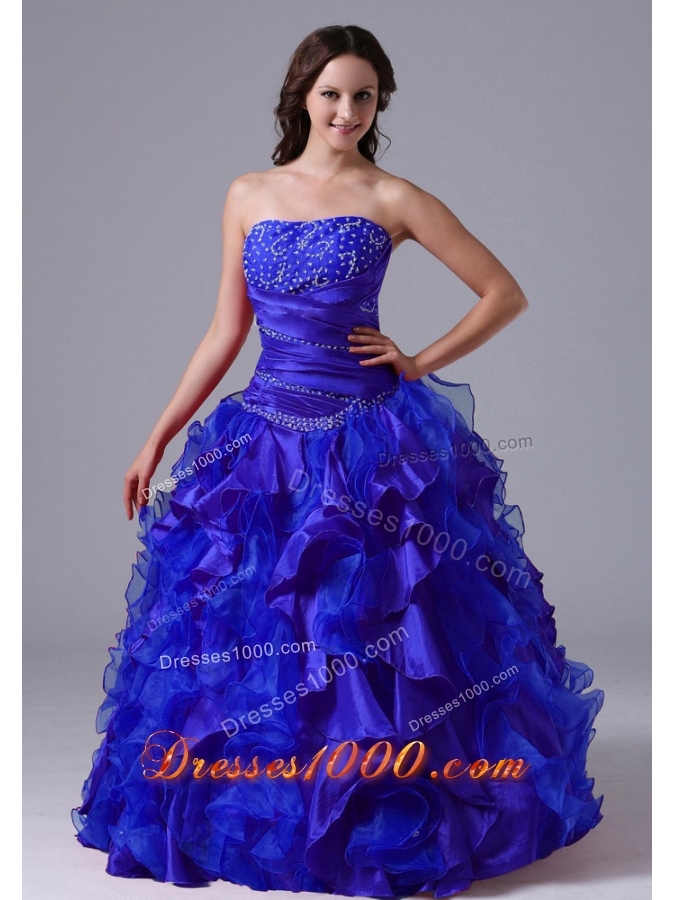 Puffy Blue Beaded Decorate Quinceanera Dresses With Ruching 2014