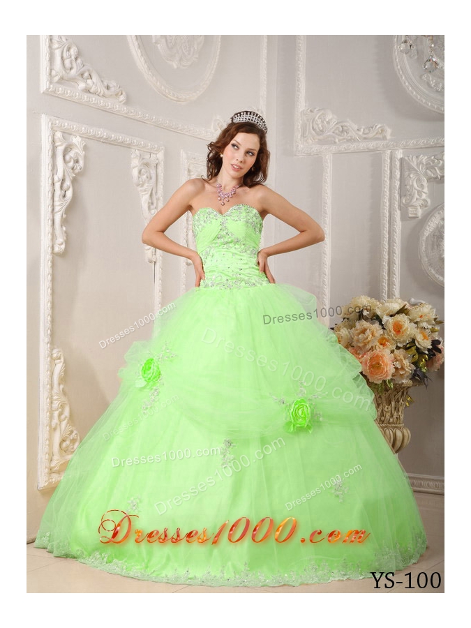 Beautiful Princess Sweetheart Organza Quinceaneras Dress with Appliques and Flowers