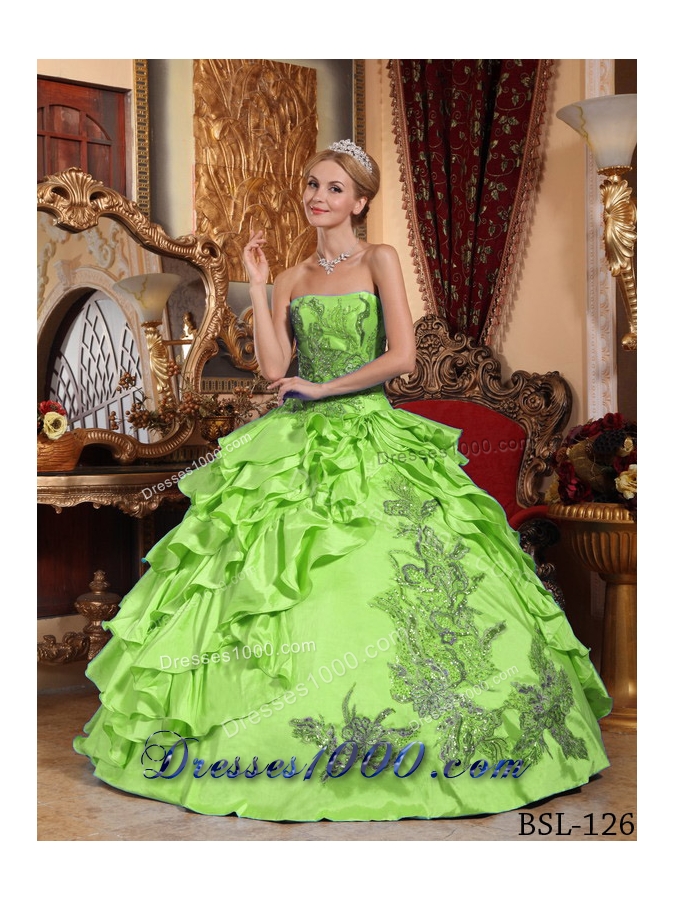 Discount Strapless Quinceaneras Dress with Appliques and Ruffles