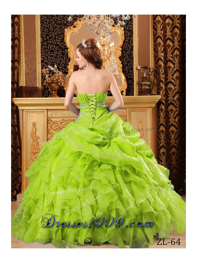 Lime Green Princess Organza Sweet 15 Dresses with Beading and Ruffles