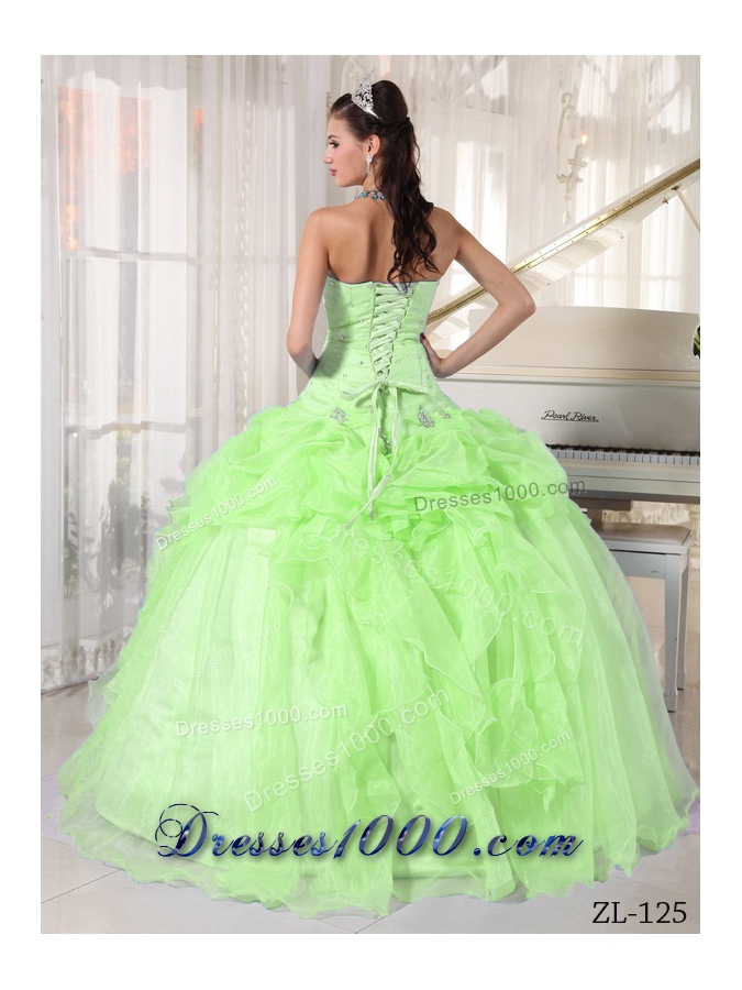 Lime Green Strapless Organza Sweet 15 Dresses with Beading and Pick-ups
