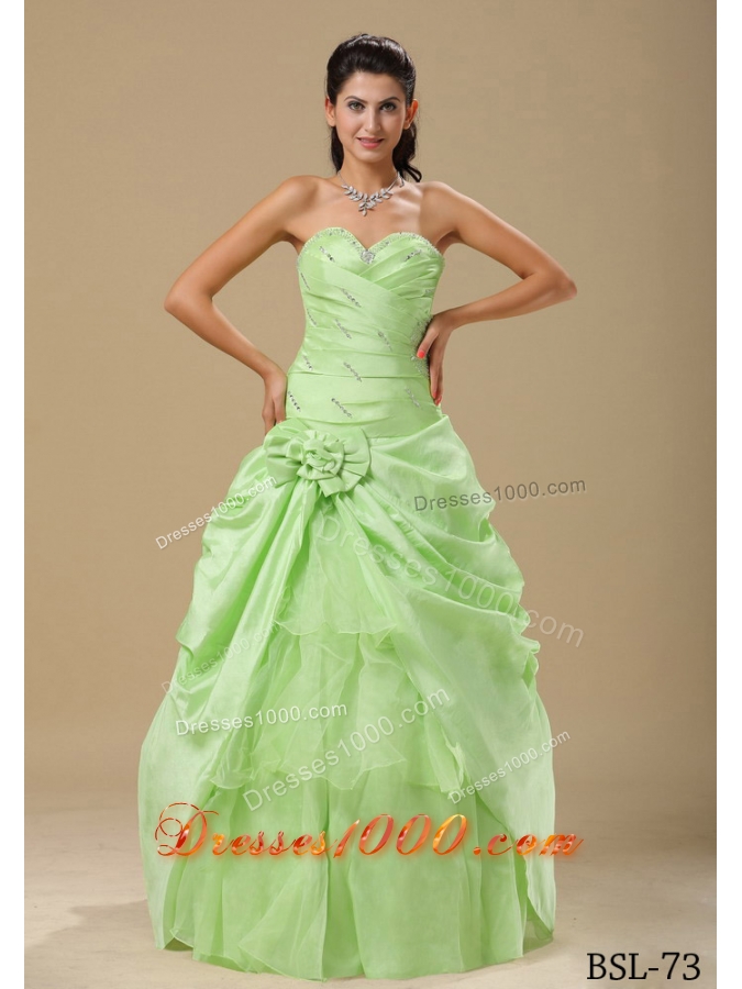 Lime Green Sweetheart Hand Made Flowers and Beading Sweet 15 Dresses