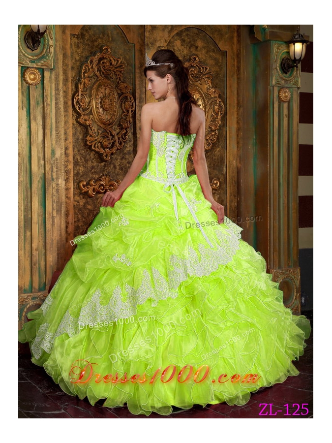 Princess Strapless Ruffles and Appliques for Organza Lime Green Quinceanera Dresses